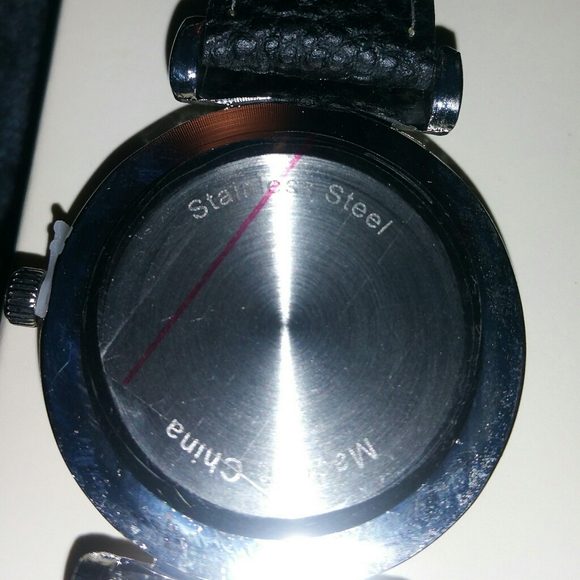 Circle Rose Gold Silver Black Leather Watch Band - Picture 4 of 8